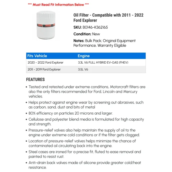 Oil Filter - Compatible with 2011 - 2022 Ford - Afbeelding 2