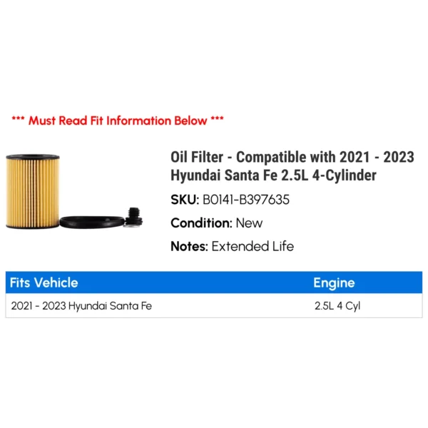 Oil Filter - Compatible with 2021 - 2023 Hyundai Santa Fe 2.5L 4-Cylinder 2022 - Afbeelding 2